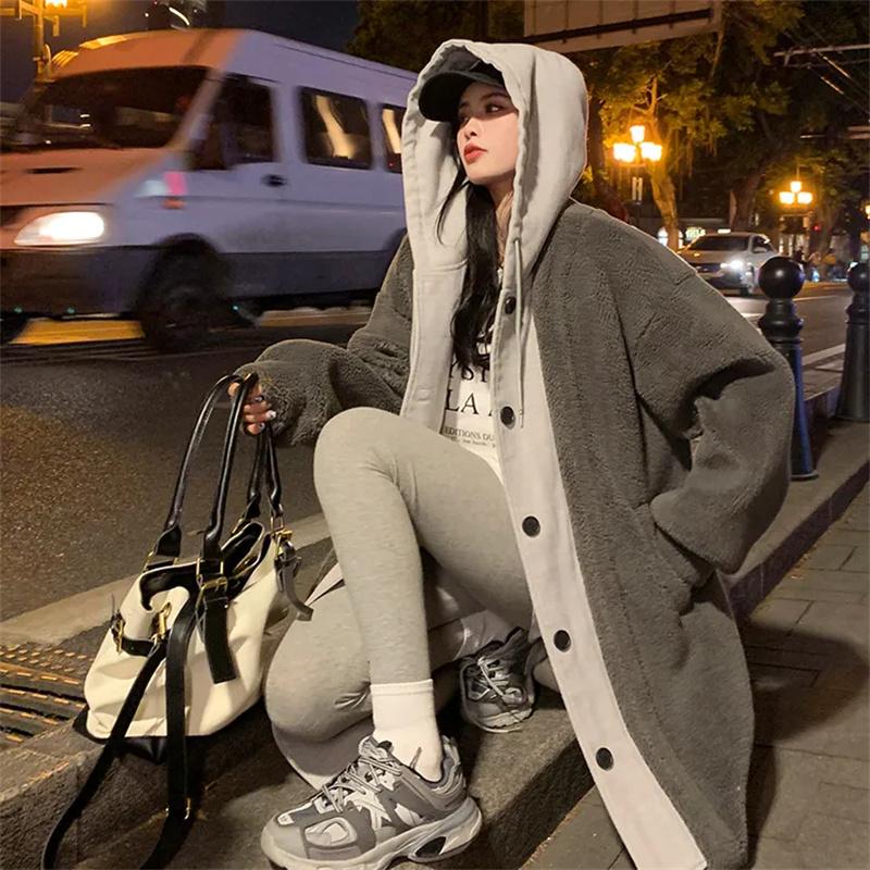 Women's Autumn Winter Fashion Mid To Long Length Jacket Korean Female Lamb Wool Loose Hooded Coat Casual Long Overcoat