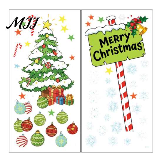 Snowflake Window Stickers 2Pcs Christmas Tree and Merry Sign Clings, PVC Static Glass Stickers, Reusable Decorations Holiday Decals with Star Colorful