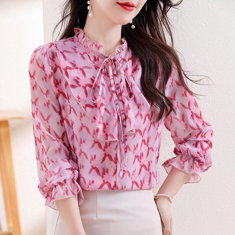 

Рубашка из шифона с оборками и цветочным принтом для женщин. Весна. Новый стиль. Топ с длинными рукавами. Модная и шикарная красивая рубашка. 3XL