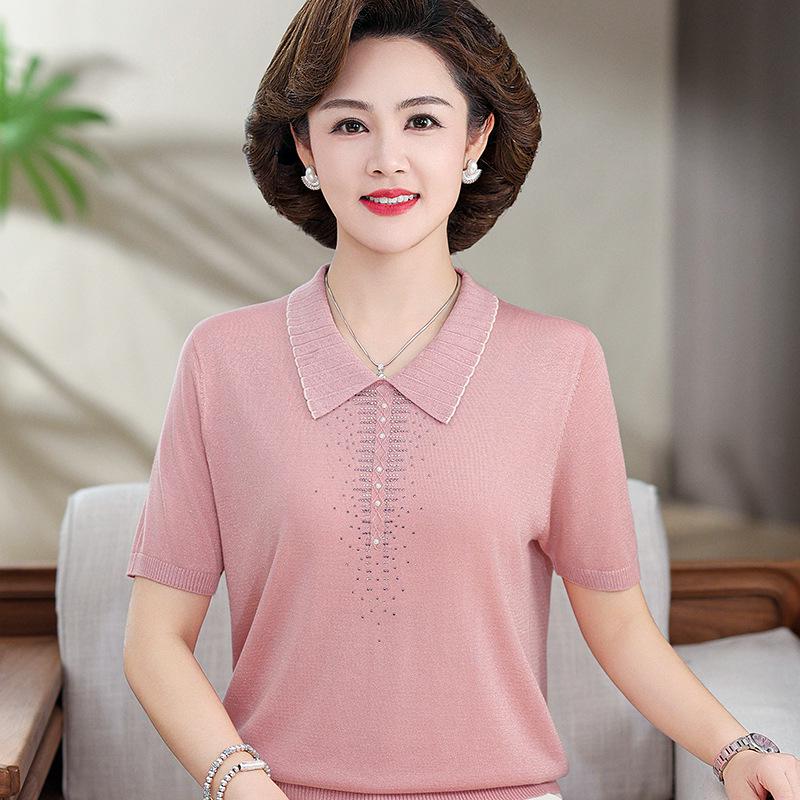 

Elegant Ice Silk T-Shirt: Stylish Summer Outfit for Moms, Short-Sleeved, Fashionable and Cool for Middle-Aged and Elderly People. L (Recommended 80-100 kg) розовый