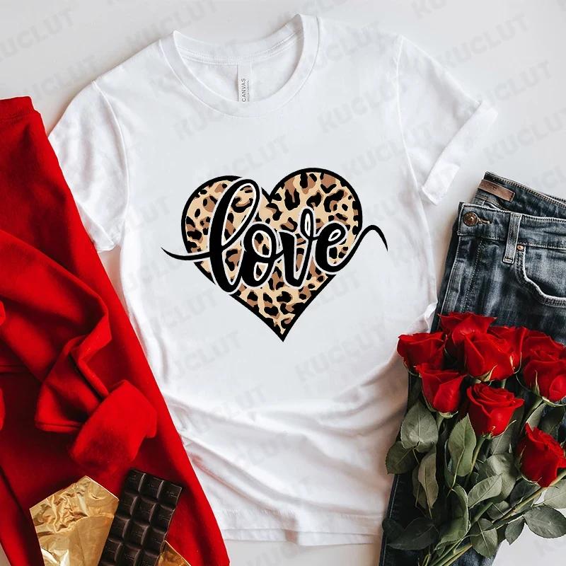Fashion Unisex Tshirts Leopard Love Heart Print Tops Short Sleeve Clothing Ladies Harajuku Valentines Day Female Clothing