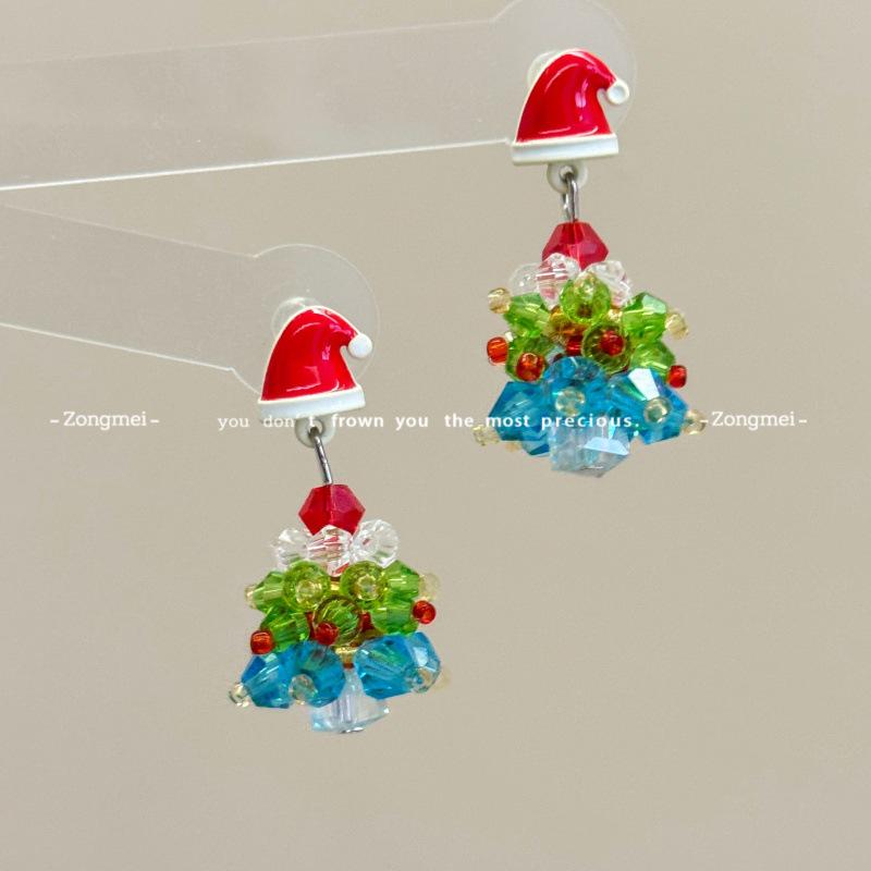 3D Christmas Tree Earrings with Red Bow - Heavy Beaded Crystal Ear Clips, Hand-Woven Holiday Accessories