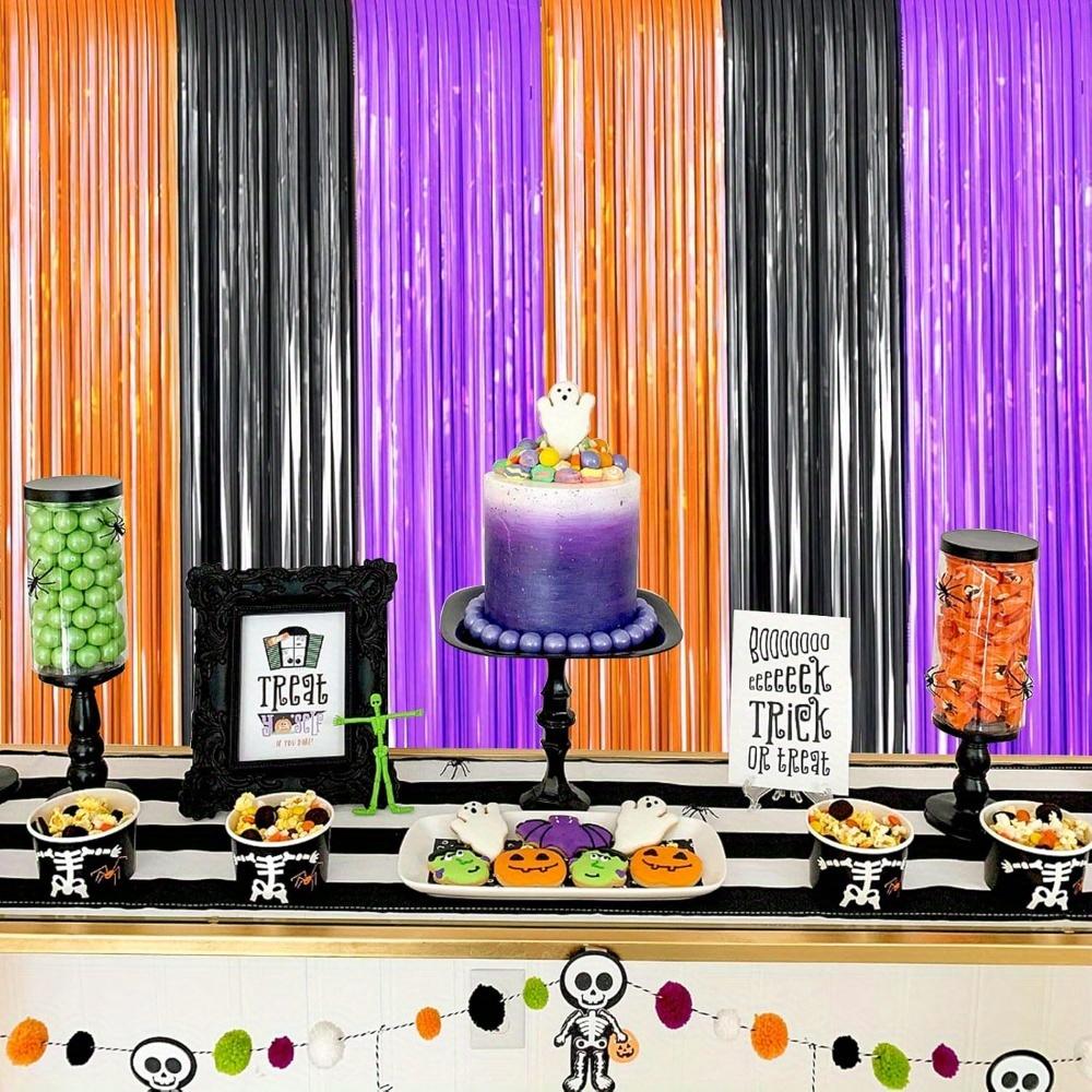 2pcs Orange Purple Black Metallic Tinsel Foil Fringe Curtains Photo Booth Props for Halloween Birthday Bridal Shower Holiday Party Decorations