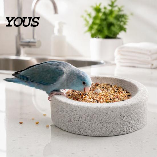 Bird Food Dish Pumice Stone Parrot Bowl, Spill-Proof Water Small Feeding Station Cage Weighted for Lovebirds Conures Indoor Outdoor Feeder