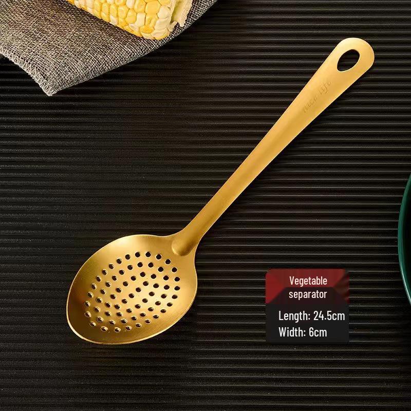 Korean Style Gold-Plated Stainless Steel Kitchen Utensil Set: Non-Magnetic Ladle, Slotted Spoon, and Frying Spatula.