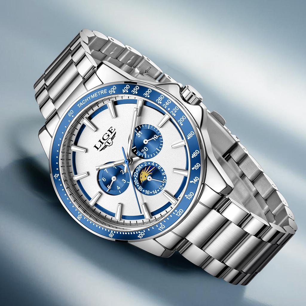 LIGE Men's Quartz Watch Luxury Stainless Steel Man Watch Fashion Moon Phase Luminous Business Chronograph  Watches for Men+Box