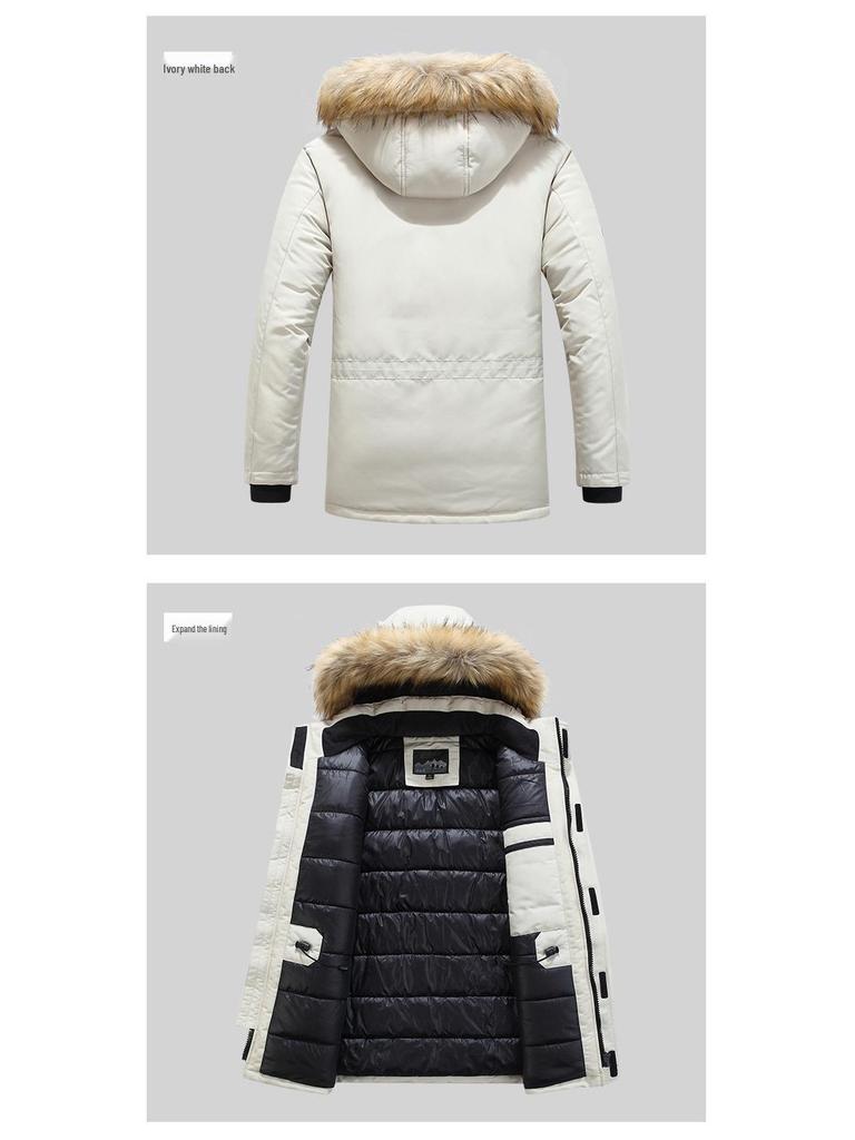 Men's Mid-Length Cotton Jacket with Fur Collar - Warm, Hooded, Windproof, Fashionable Outerwear