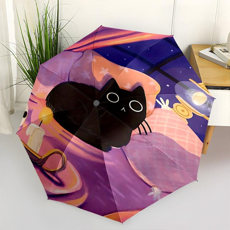 

1pc Black Cat on Pink Pillow with Skull Candle Holder Automatic Opening/Closing Umbrella - Perfect for Fans, Travelers, Everyday Use, and Festive
