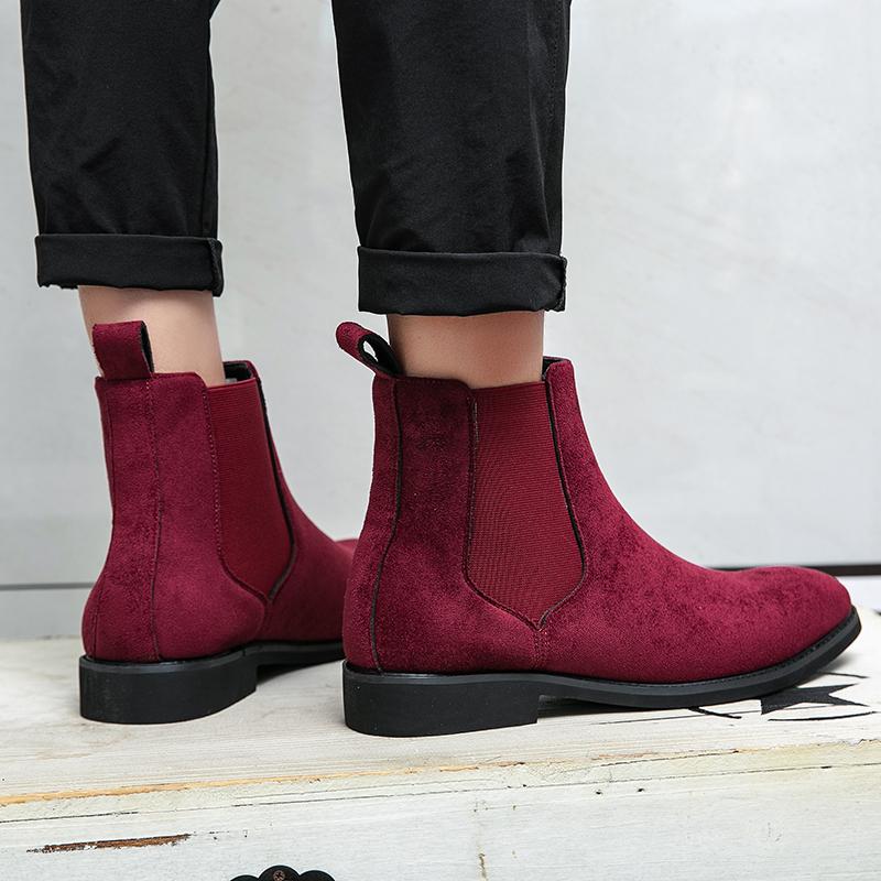 Formal Business Boots Men Retro High-top Chelsea Boots Pointed-Toe Dress Shoes Man Fashion Suede Boot Red Comfort Ankle Boots