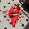 Solid Color Rose Drawstring Tie Split Two Piece Bikini Swimsuit For Women