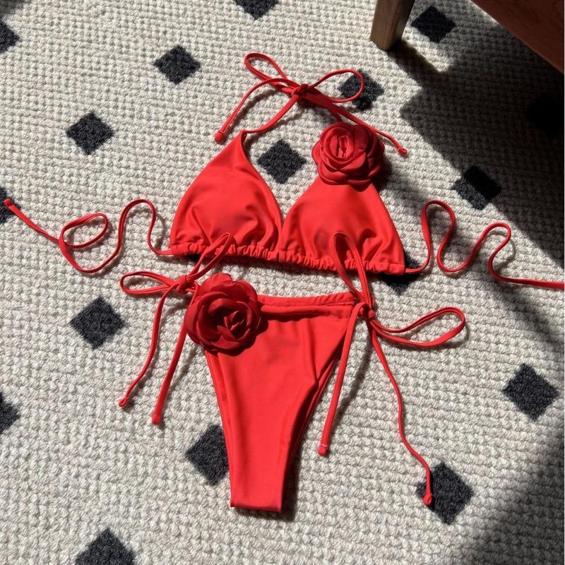 Solid Color Rose Drawstring Tie Split Two Piece Bikini Swimsuit For Women
