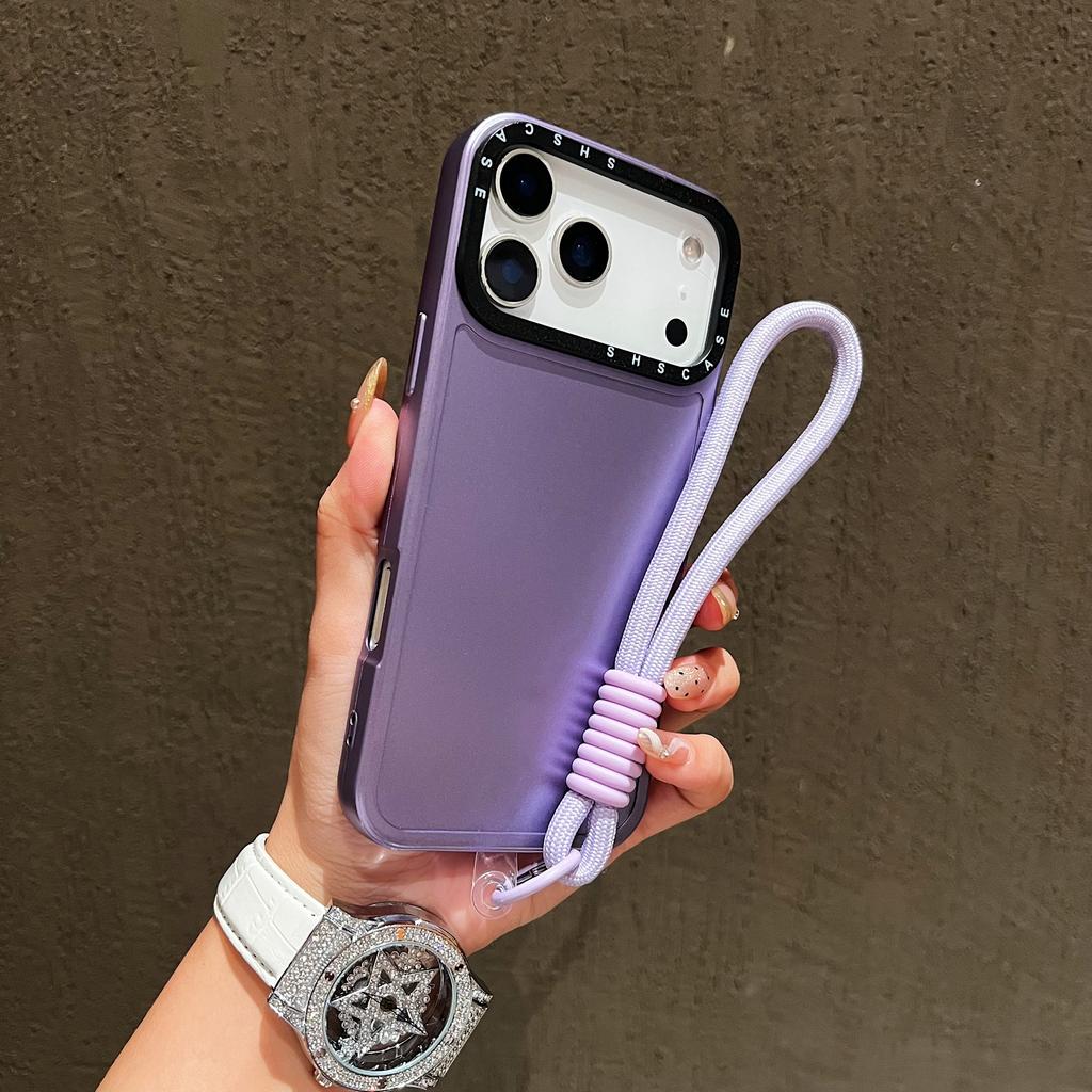 For iPhone 17 Pro Case Black Lens Frame Metal Paint Finish PC + TPU Phone Back Cover with Wrist Strap