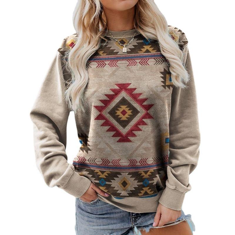 Felpa Girocollo Autunno Inverno da Donna, Top Pullover Casual a Manica Lunga con Stampa Teschio di Toro Etnico Western