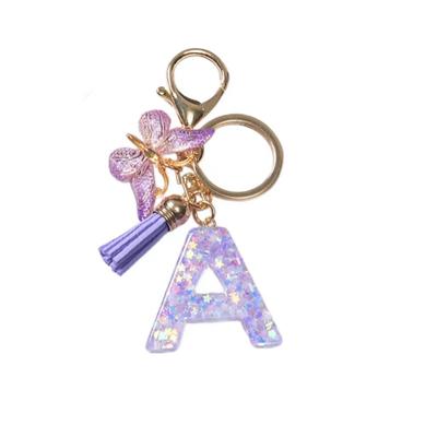 A-Z Alphabet Resin Keychain Purple Butterfly Tassel Pendant Classic Retro Durable Women Bag Accessory Practical Backpack Hanging Charm