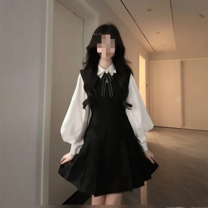 

Chic Academy Style Black Waist-Cinched Dress & Shirt Top Petite Set S (75-90 lbs)