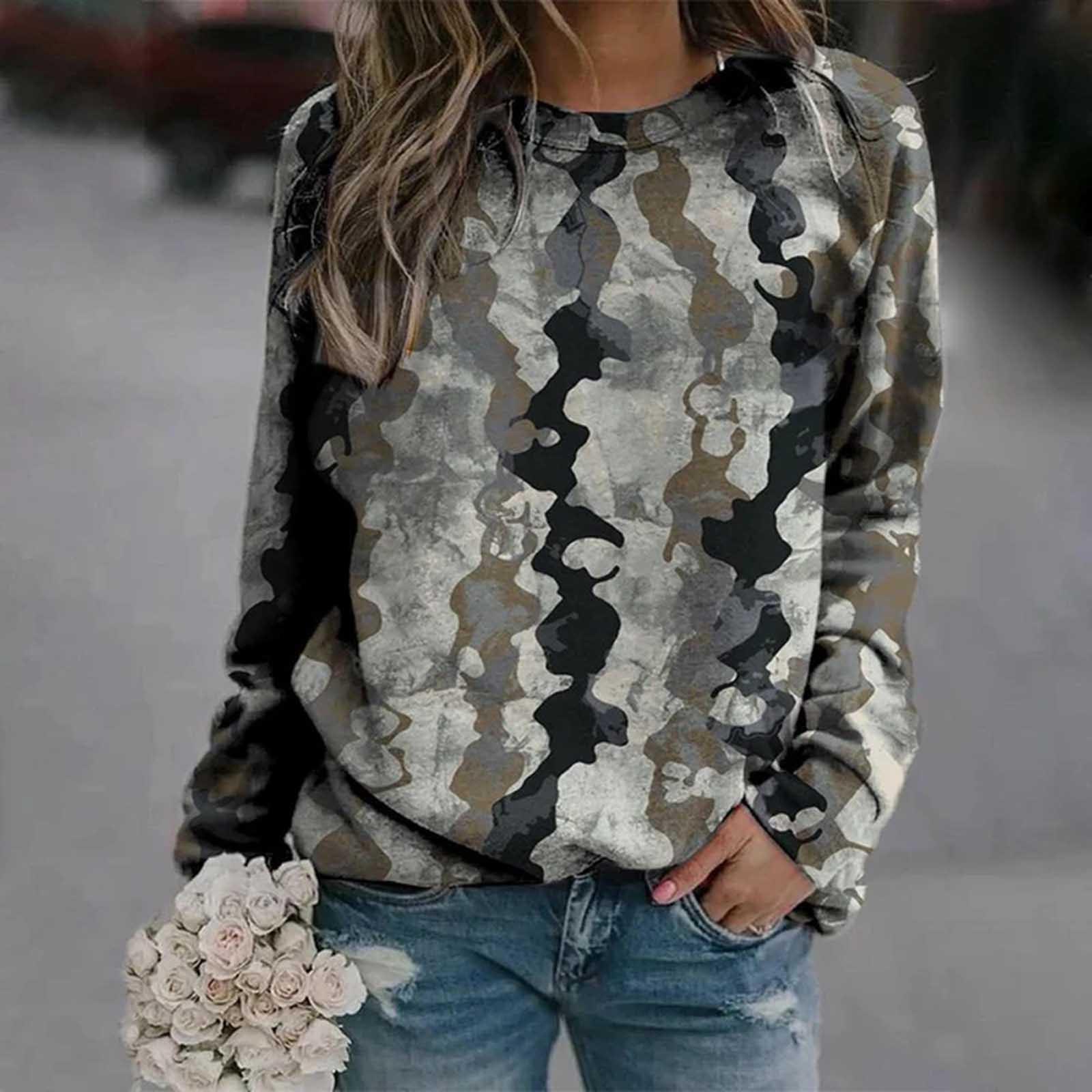 Women Casual Printing Pullover T-shirt Literary Loose Round Neck Long Sleeves XXXL