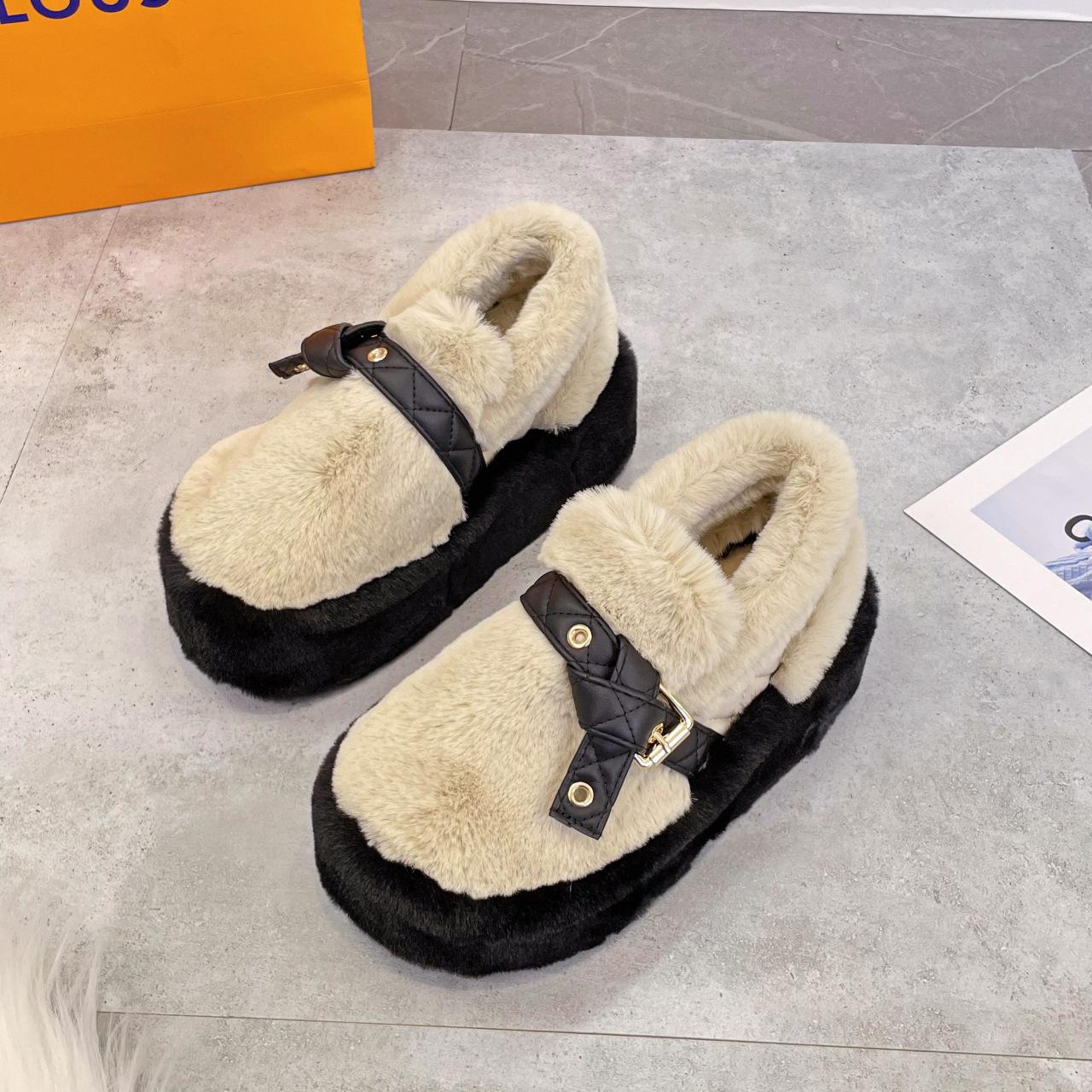 

Belt buckle thick-soled fluffy slippers for women 2025 autumn and winter new Korean version medium heel outer wear versatile plush slippers for women 40