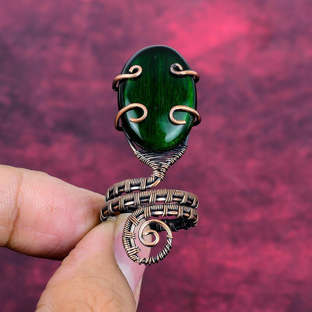 Green Fire Labradorite Ring Adjustable Ring Copper Wire Wrapped Gemstone Jewelry