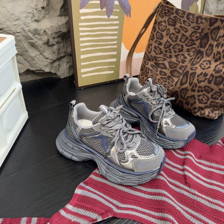 Platform Leather Mesh Dad Shoes Girl 2025 Autumn European Station New Breathable Casual Niche Retro Sneakers