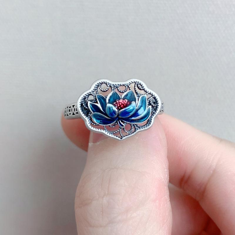 Adjustable 925 Sterling Silver Blue Lotus Ring for Men and Women
