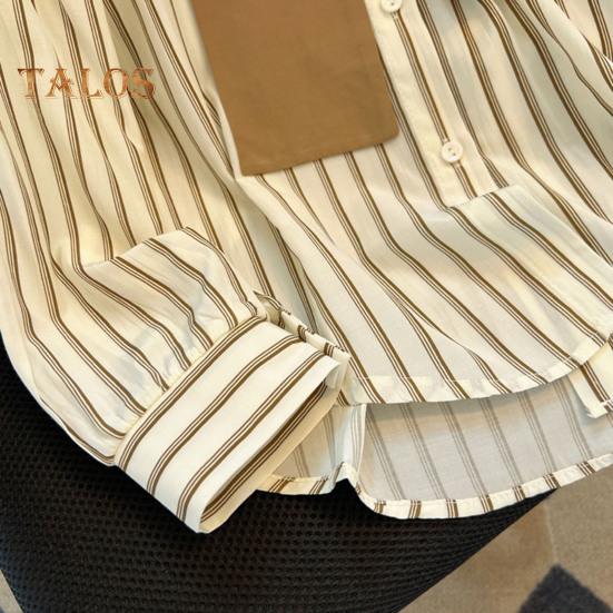 Dámská košile s dlouhým rukávem, vertikálně pruhovaným falešným dvoudílným designem, šálovými zády, volným střihem, knoflíky, topy