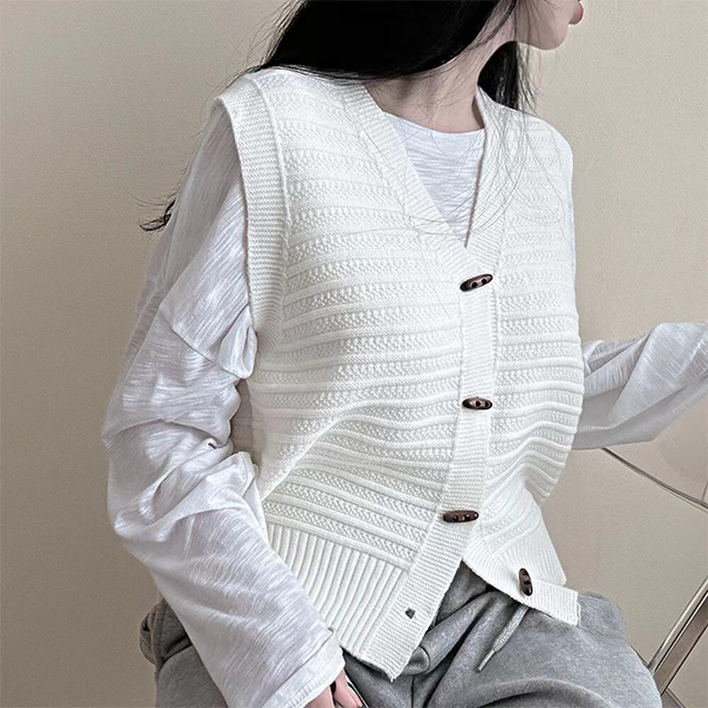 Podzimní korejská móda Pletená Retro vesta Ženy Nový design Volný All Match Svetr Bez rukávů Vesta Estetický roh Knoflík Vintage Cardigan