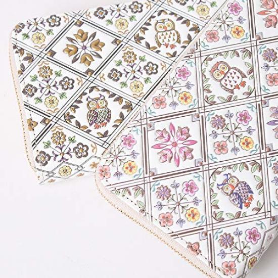 Wallet Women Mandala Owl Yuzen-Dyed Round Zip Long Wallet in Pink Gold – Edo Komon Pattern, Original Owl Charm Netsuke Genuine Leather Asakusa Japan