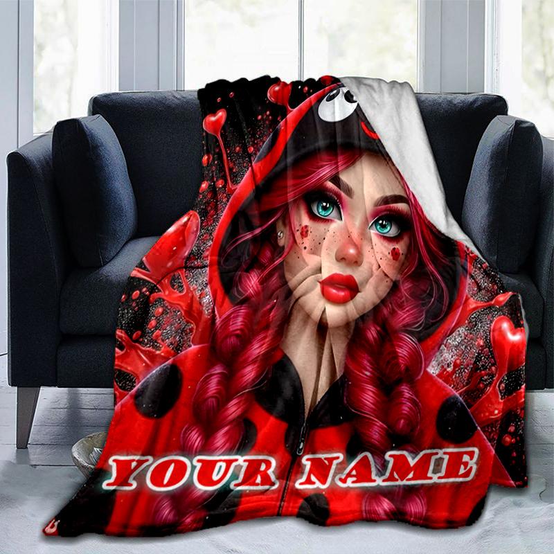 1PC Custom Name Ladybug Love Artwork flannel blanket versatile,all-season throw suitable for the living room,bedroom,camping,travel,and gift