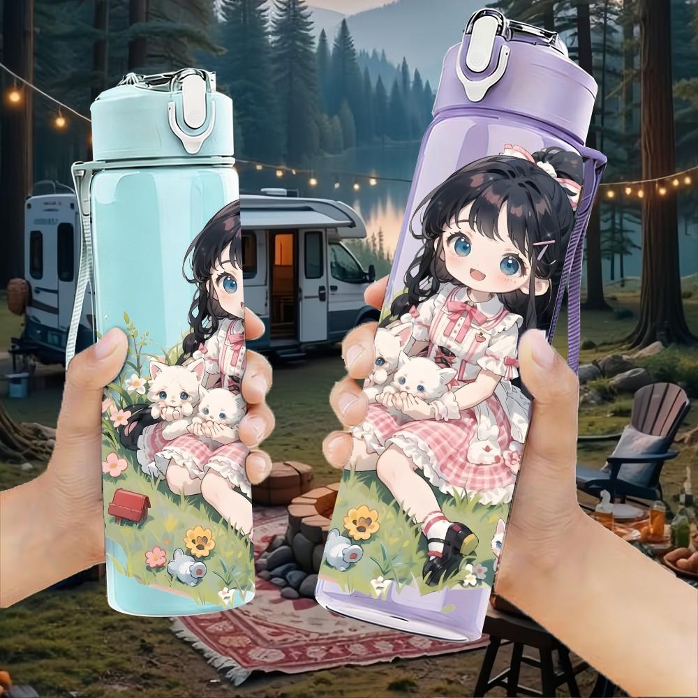 1PC Pink Dress Girl Plant Foliage Pattern 750ml Color Plastic Sports Water Bottle Leakproof Flip Straw Lid Suitable for Sports Office Home Use