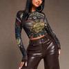 2026 New Retro Artistic Mesh Top, Personalized Painted Printed T-shirt, Elastic Micro-transparent Mesh Women