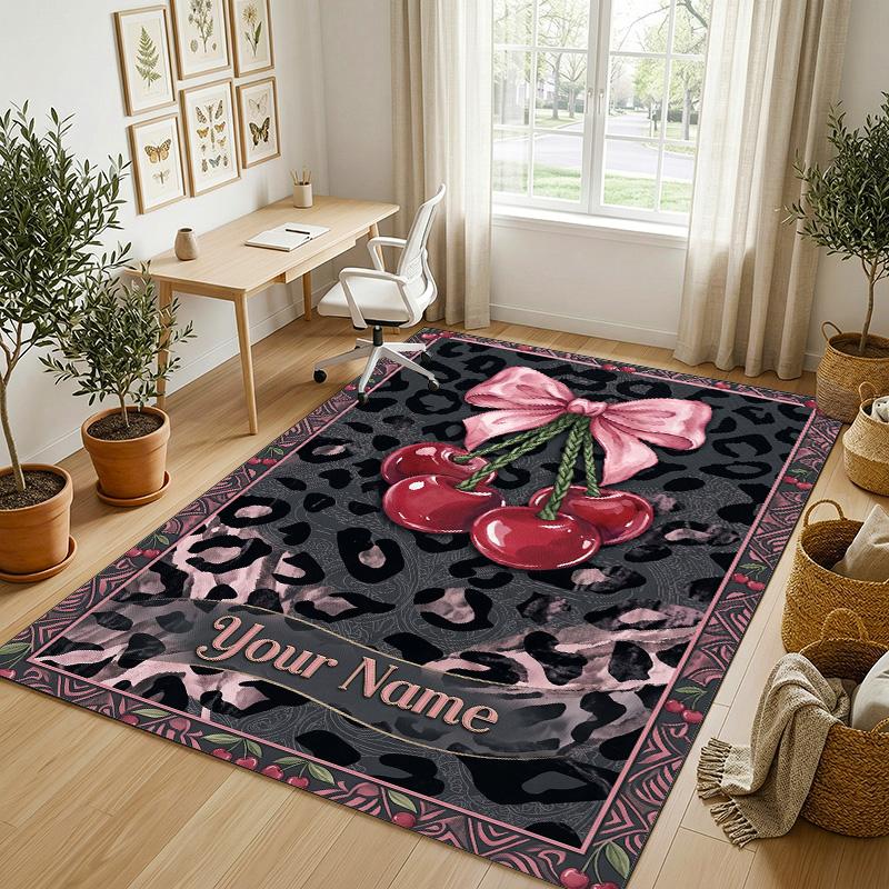 Cherries Disco Ball Theme Soft Crystal Velvet Rug Custom Name & Text Print Non Slip Floor Rug for Bedroom Living Room