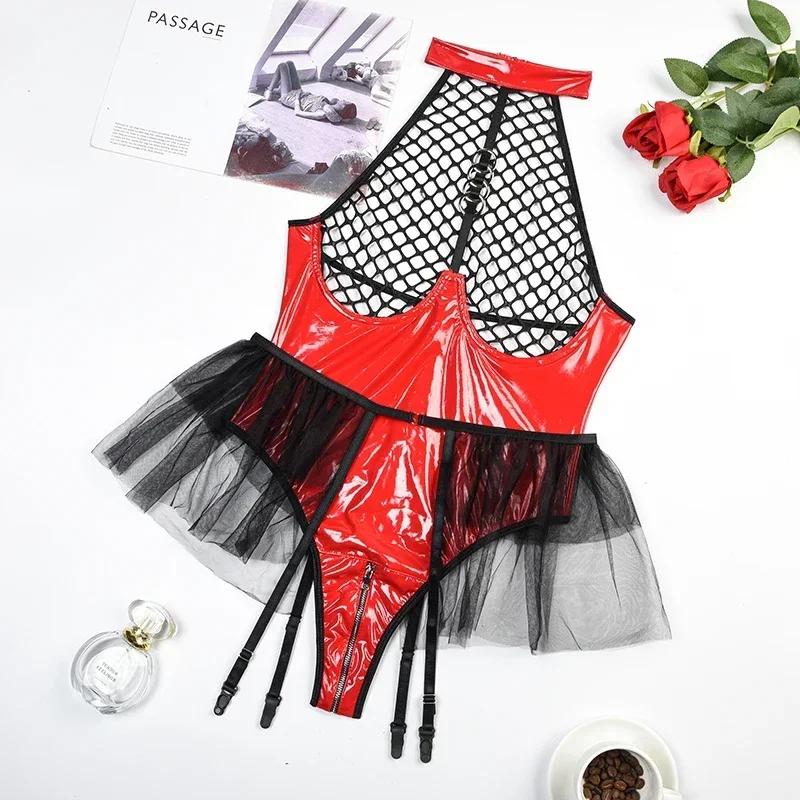 Slim Fit PU Leather Bodysuit for Women Sexy Underwear Lingerie Mesh See Through Zipper Open Crotch Romper Playsuit