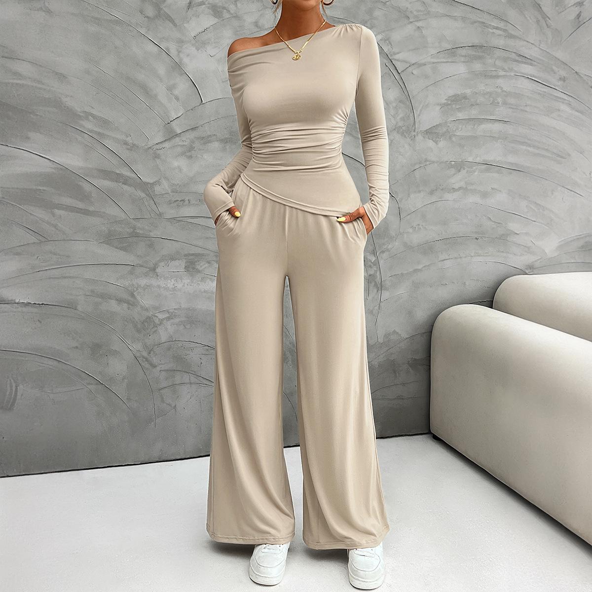 

Comfortable Off Shoulder Fashion Simple Autumn and Winter Women s Wear Y2K Slim Fit Long Sleeved Top Wide Leg Pants Set XL бежевий