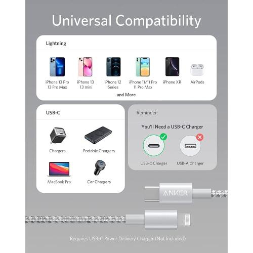 Anker Heavy Duty Nylon USB-C & Lightning Cable MFi Certified USB PD Compatible with iPhone 14 / 13 / 12 / SE (3rd Generation) (3.0m Silver)