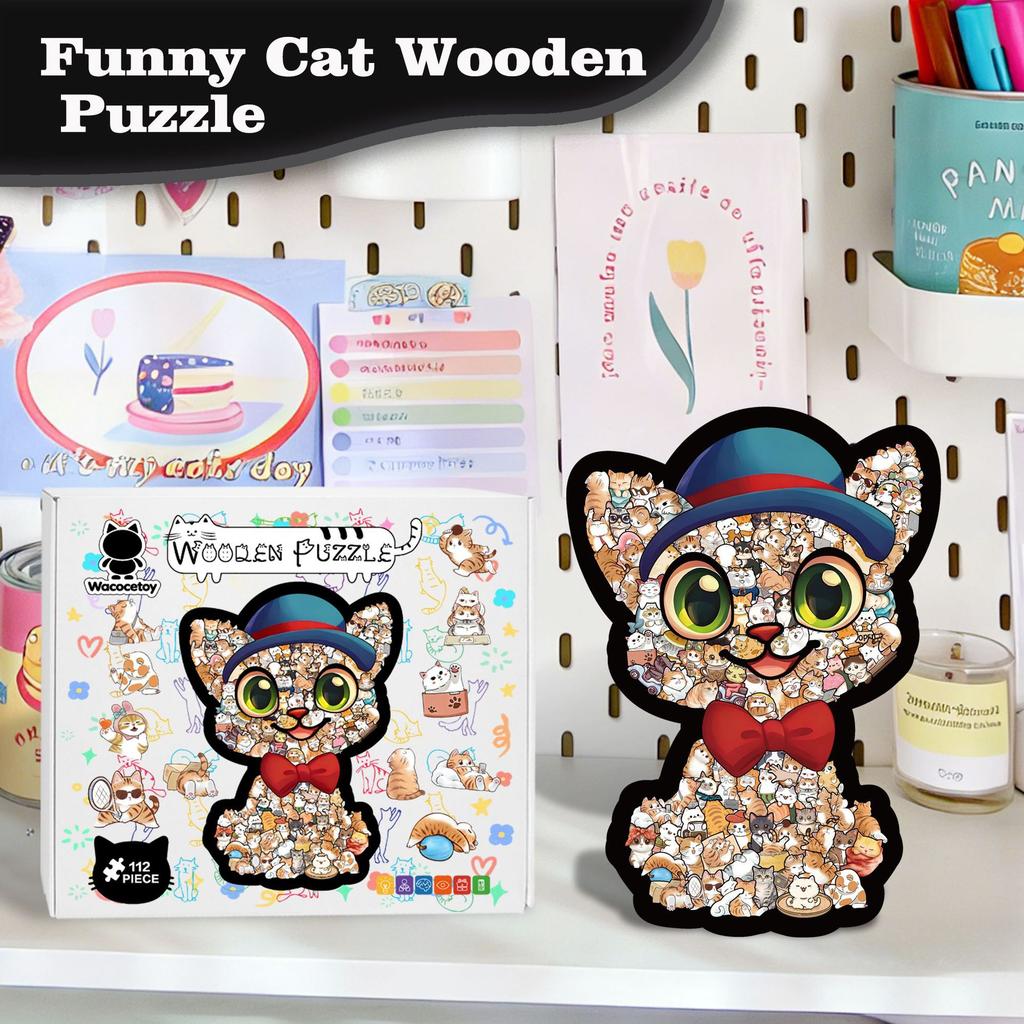 Fun Cat Collection Blue Hat Kitten Puzzle Stacked Wooden Special-Shaped Splicing Toy Framed Puzzle