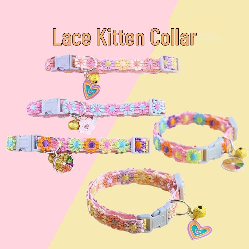Adjustable Rainbow Lace Floral Collar with Bell for Small Dogs and Cats