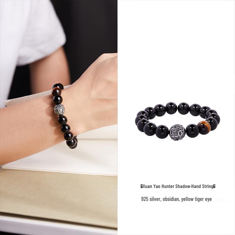 

Мужской ретро браслет из стерлингового серебра S925 и натурального обсидиана и тигрового глаза - Старомодный подарок в национальном стиле для парня 925 Sterling Silver