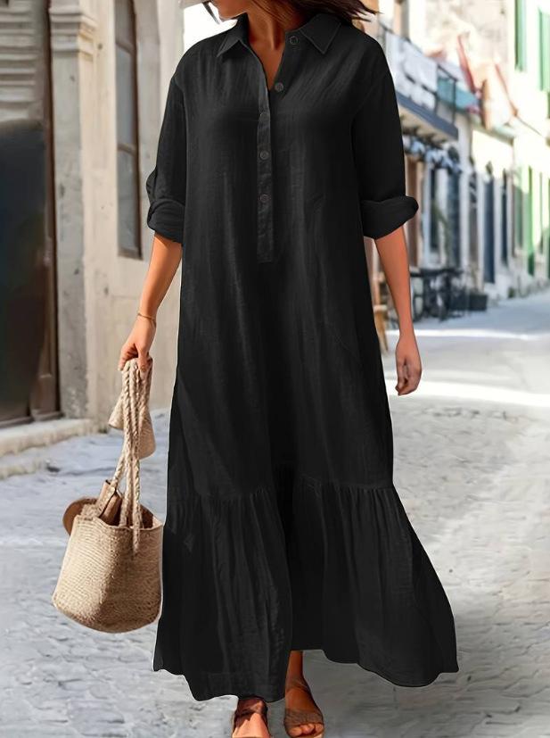 New Cotton and Linen Long Irregular Dress Shirt Collar Button Casual Dress