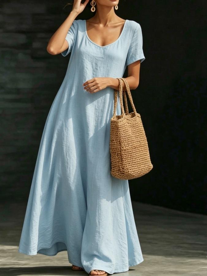 Cross-border foreign trade Amazon popular summer dress U-neck short-sleeved loose pendulum long dress casual solid color women's clothing