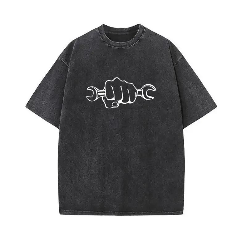 European and American Washed Retro Funny Fish Bone Cartoon Mechanical Printing Hip Hop Short Sleeve Loose T-shirt Top