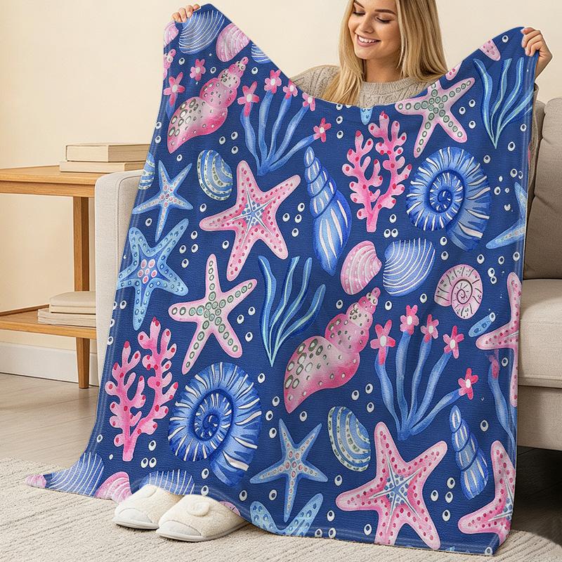 Soft Flannel Fleece Blanket, Ocean Theme Starfish Seashell Design, Warm Cozy Throw for Bedroom Home, Halloween Christmas Decor