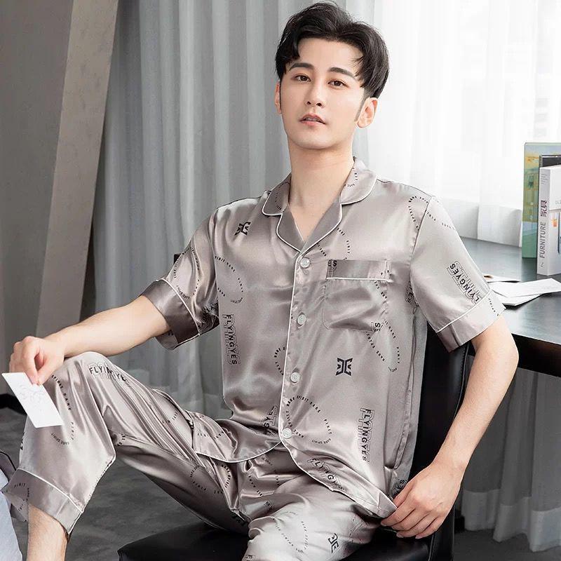 Men's Summer Ice Silk Pajama Set: Long Sleeve, Long Pants, Loose-Fit, Cooling Style.