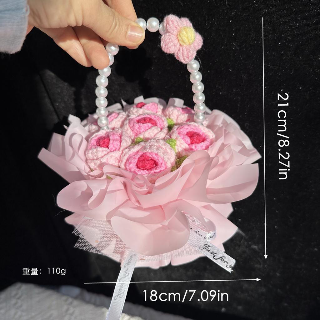 Handheld Flower Diy Crochet Flower Bouquet Valentine'S Day Rose Gift Wedding Bouquet Pearl Hand-Held Flower Basket Crochet Gifts