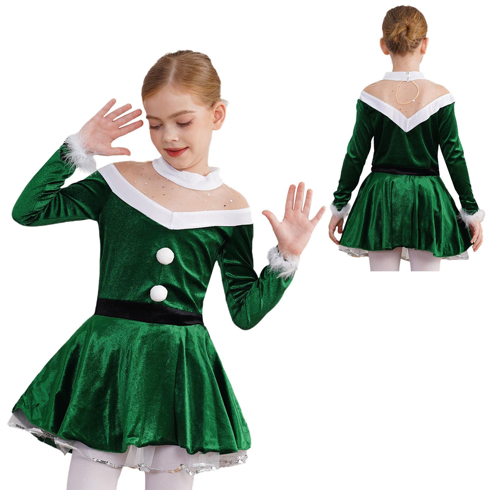 

Діти, дівчата, різдвяна сукня Санти, нарядна сукня, фігурне катання, танцювальна сукня з довгим рукавом 9-10 Years зелений