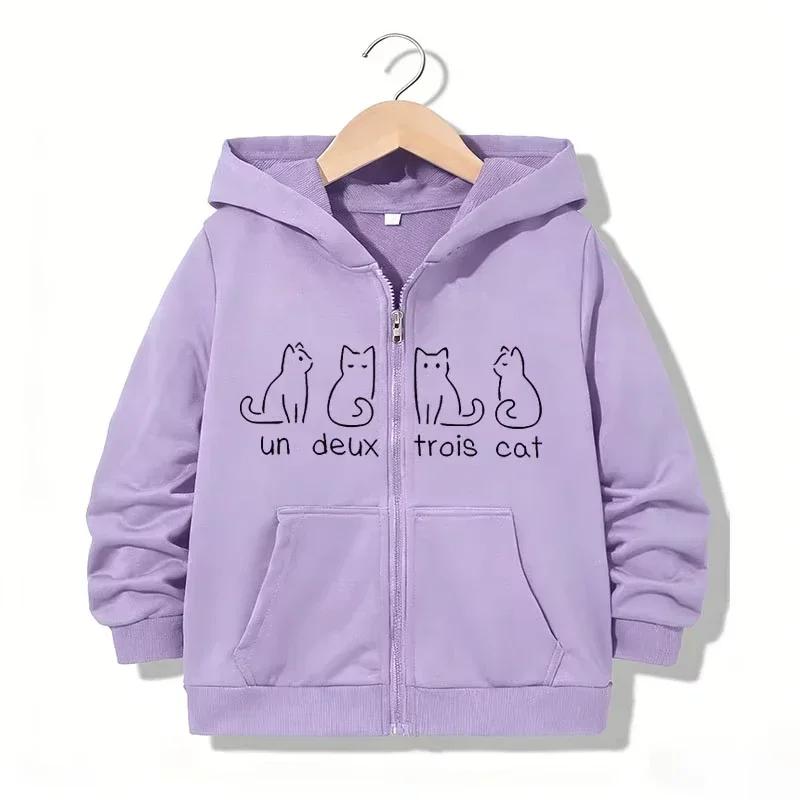 Sleeve Loose Daily Outerwear Kids Fashion Minimal Line Cat Chest Print Zip Up Hooded Jacket Long