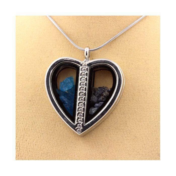 Pierres et Minéraux. Collier Apatite bleu neon + Saphir brut. Modèle coeur.