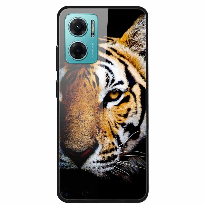 Case For Xiaomi Redmi Note 11E Luxury Tempered Glass Hard Back Cover For Redmi Note 11E Capa Shockproof Flower Funda Wolf Coque