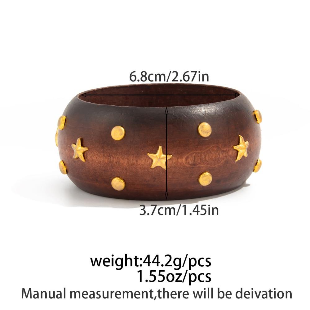 Exaggerated Trendy Star-shaped Rivet Geometric Circular Wooden Wide-sided Bangles for Women Retro Personality Jewelry Accessory