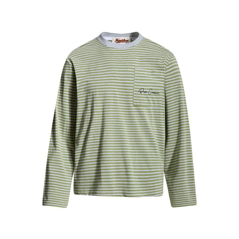 Mens Striped Long Sleeve T-Shirt Loose Fit Casual Round Neck Streetwear With Chest Pocket