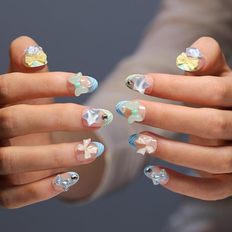 French Blue White Striped Nail Plate Cartoon Three-dimensional Star Bow Art Fake